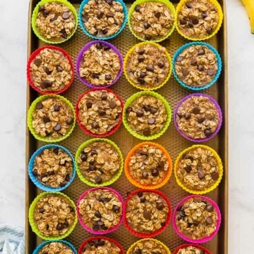 banana chocolate chip baked oatmeal cups in silicone muffin cups