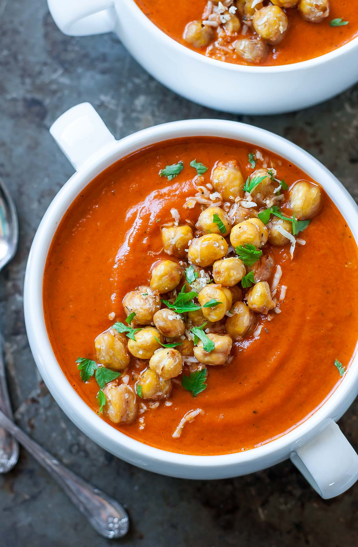 Instant Pot Creamy Tomato Soup with Crispy Parmesan Chickpeas