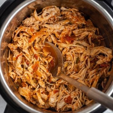 overhead image of instant pot salsa chicken in instant pot liner.